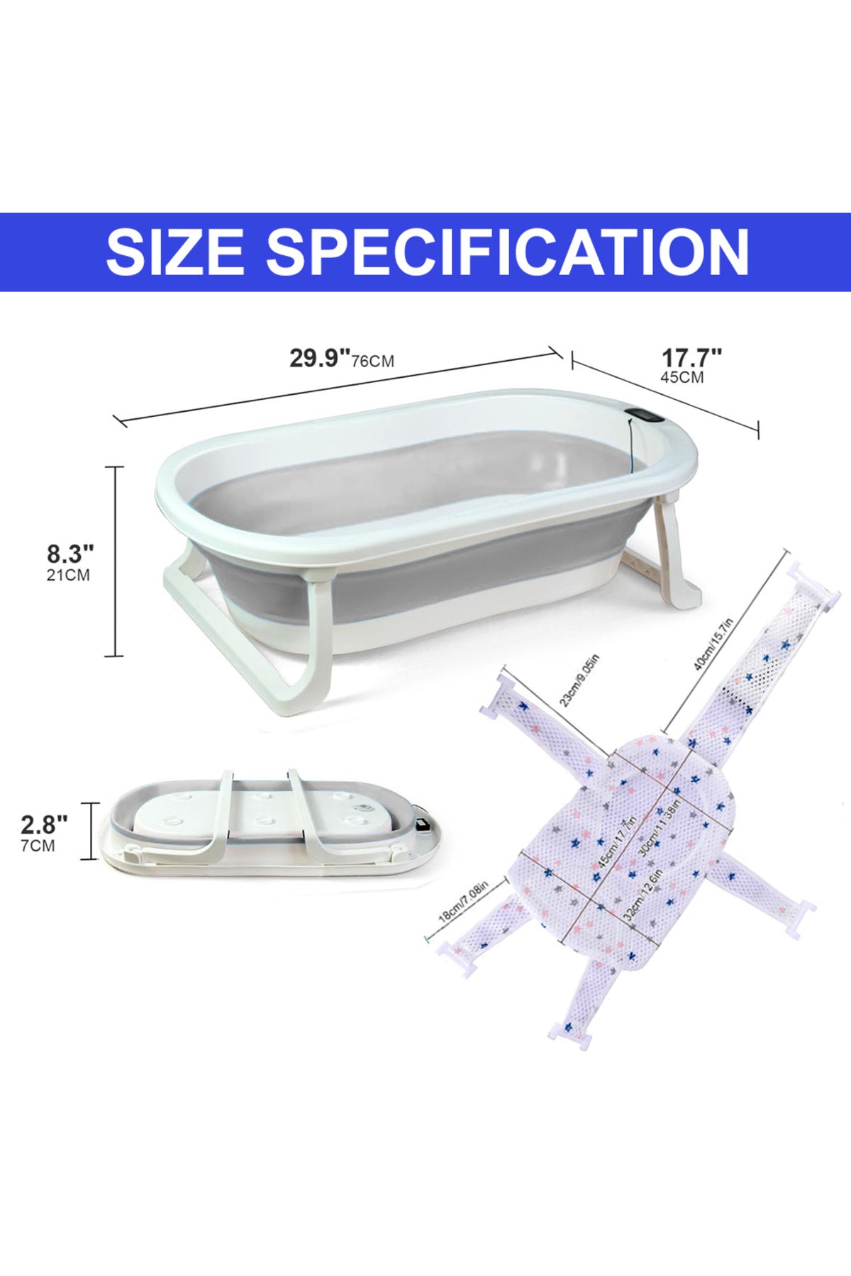 Star Babies - Baby Foldable Bathtub With Thermometer & Bath Seat Support Net, Set - Grey - Pack of 2