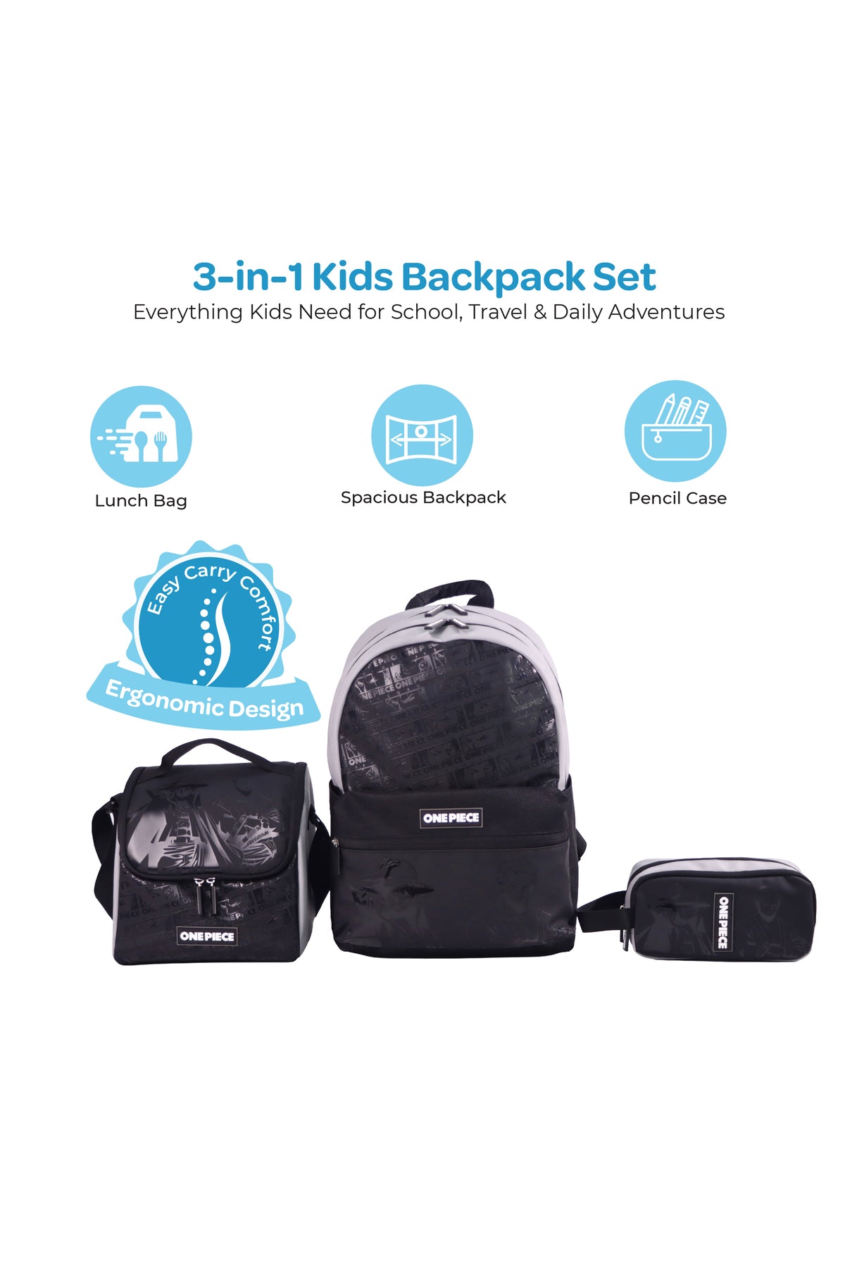 MOON Licensed One Piece 3-in-1 Kids School Backpack set    - (17-Inch) Premium Kids School Bag with Lunch Bag & Pencil Case-Black&Grey