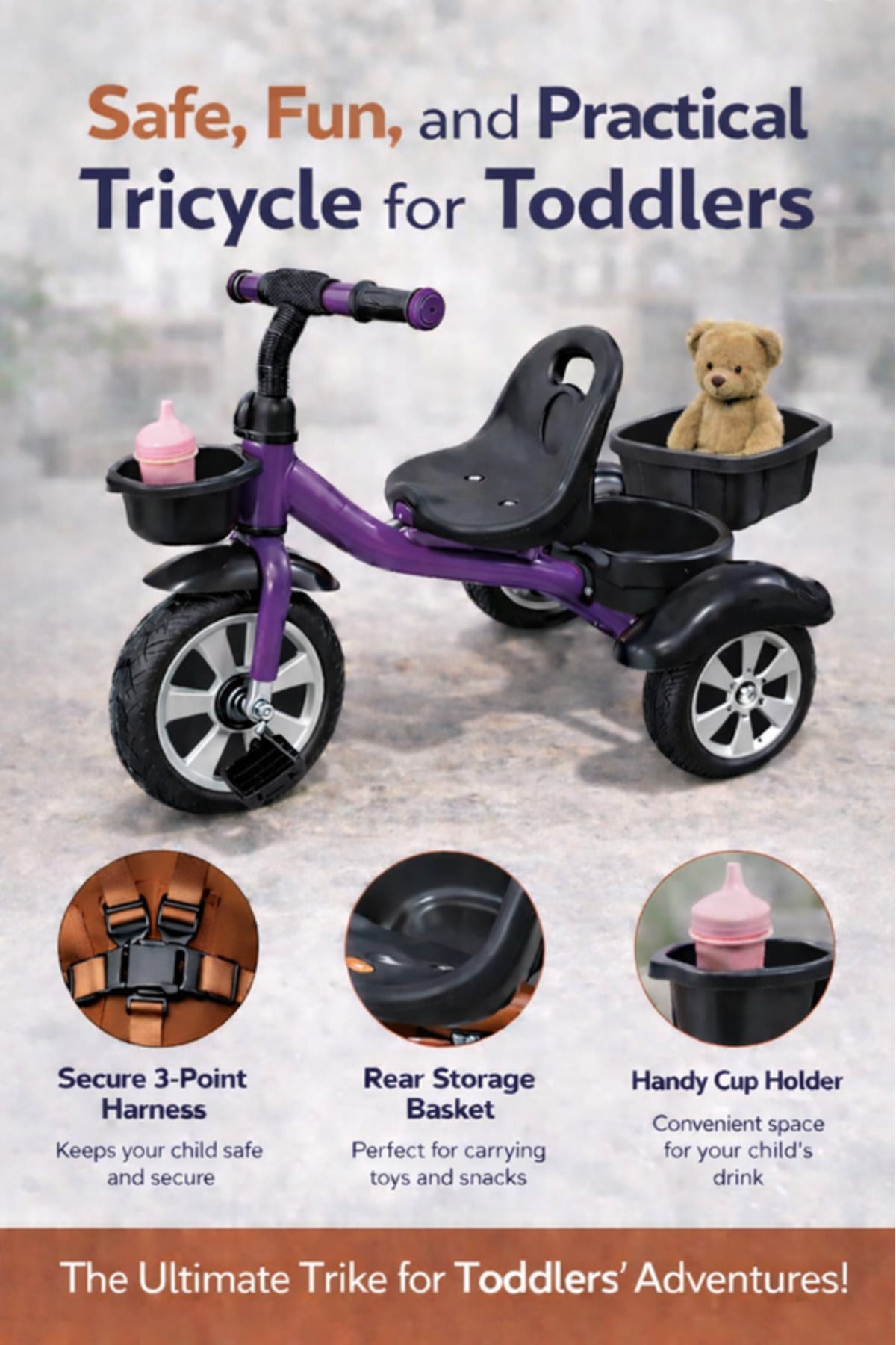 StarMarz Toddler 3-Wheel Tricycle Ride-On Toy with Safety Seat, Cup Holder & Rear Storage Basket - Purple