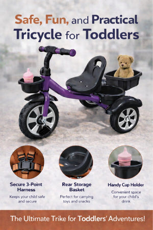 StarMarz Toddler 3-Wheel Tricycle Ride-On Toy with Safety Seat, Cup Holder & Rear Storage Basket - Purple