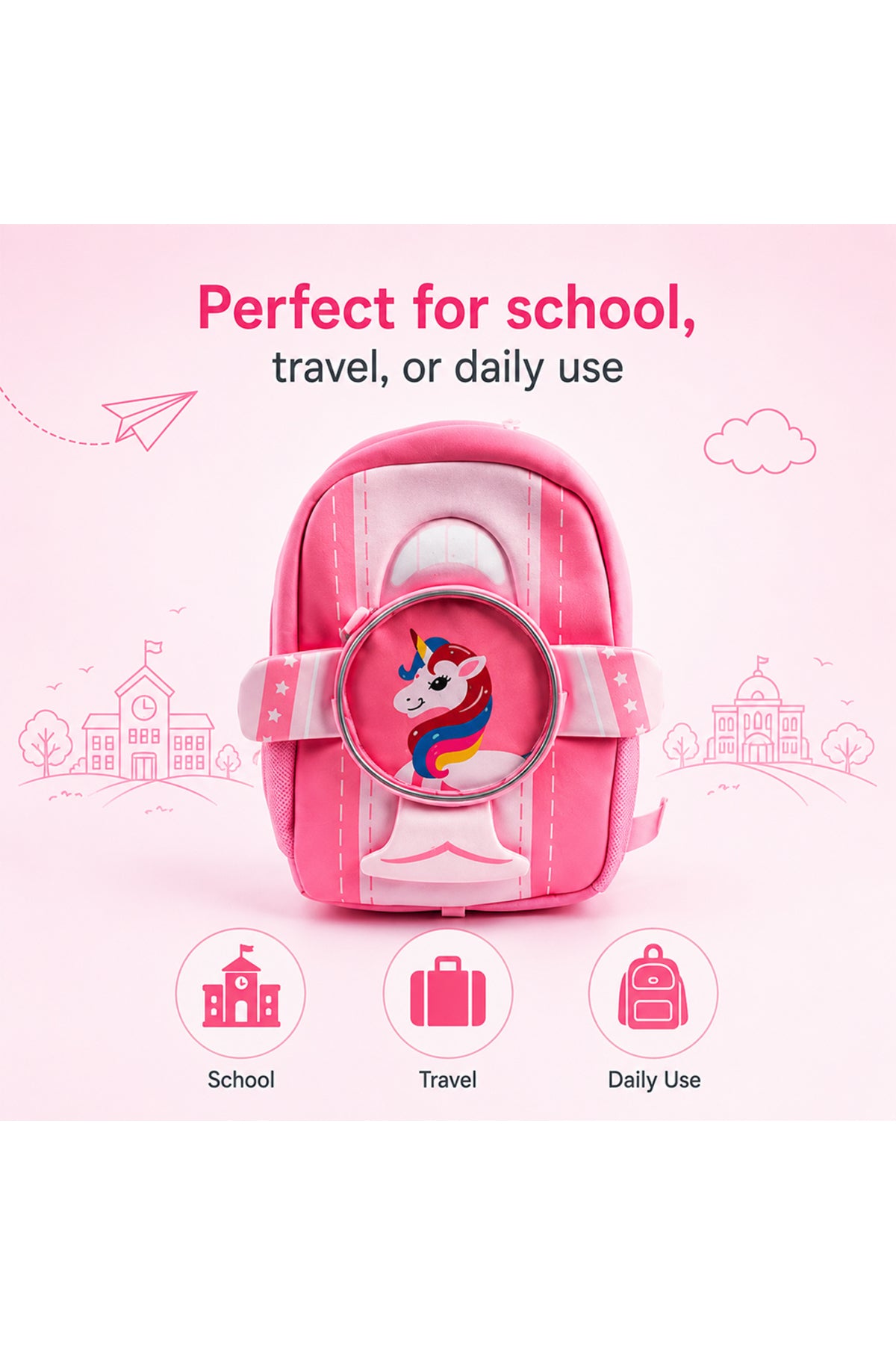 Cocobee Aeroplane Style Unicorn Printed Backpack For Girls – Pink- 16.5 inch