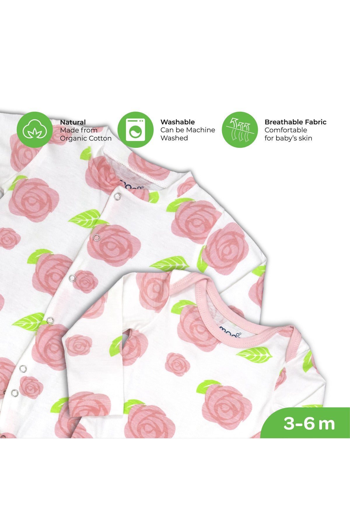 MOON Organic Baby 3 in 1 Gift Set- Romper-Body Suit-Jogger for 3-6 Months - Rose Print