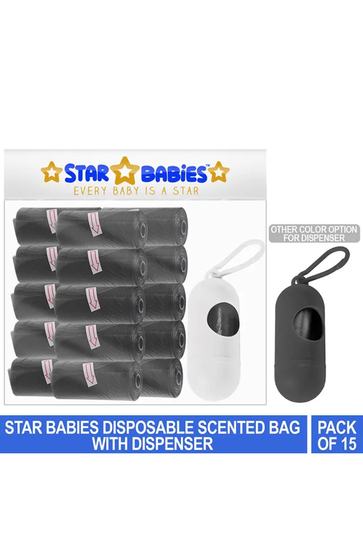 Star Babies Pack of 15/225 Bags Scented Nappy Bag Black & Assorted Dispenser