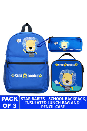 Star Babies 16-Inch Lion Themed Children's Backpack with Adjustable Shoulder Strap for Hiking Large with Bento Lunch Bag and Dual Zipper Pencil Case Pack of 3