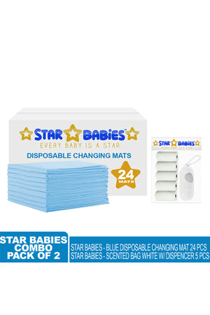 Star Babies - Combo Pack Of 2- Disposable Changing Mat Pack Of 24 With Scented Bag (5 Pcs W/Dispenser) - Blue/White
