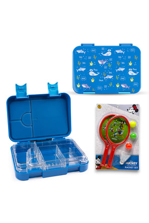 Cocobee Kids Bento Lunch Box – 6 Compartments, Leakproof, BPA Free, Microwave Safe – Blue +Disney Mickey Mouse Racket Set for Kids