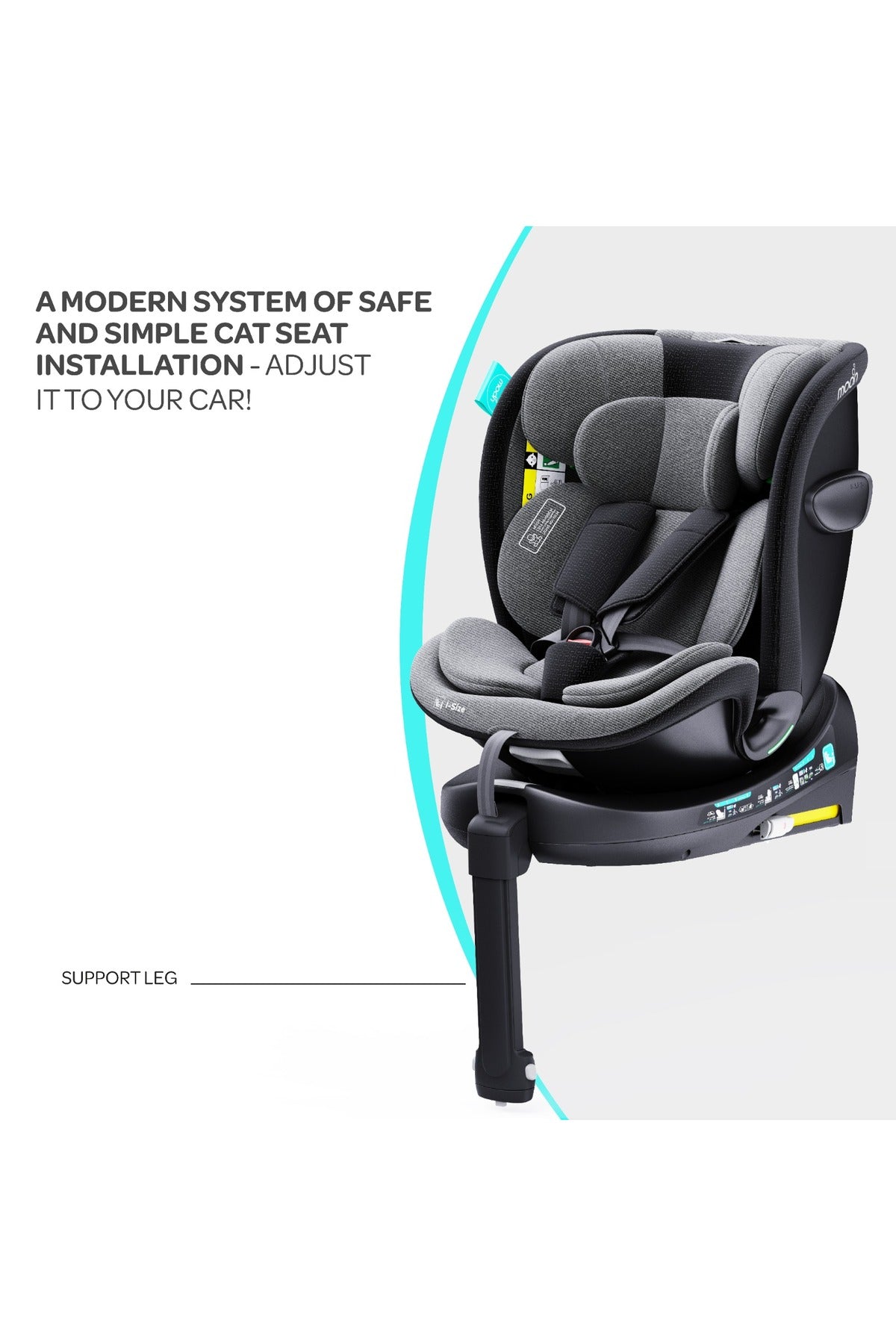MOON Gyro Pro+ i-Size 360° Rotating Car Seat w/ leg Support and ISOFIX for 40-150cm (Group 0+-1-2-3) 0m to 12Yr- ECE R129/E4 – Grey