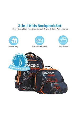 MOON  3 in 1 Kids Backpack  Set   - (16-Inch) Premium Kids School Bag with Lunch Bag & Pencil Case-Racing Car