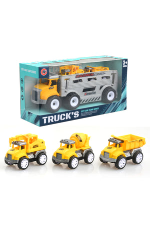 Kikibebe Friction Truck Set – 2 Random Style Pull-Back Engineering Vehicles With Inertial Drive – Interactive Educational Toy – Grey & Yellow