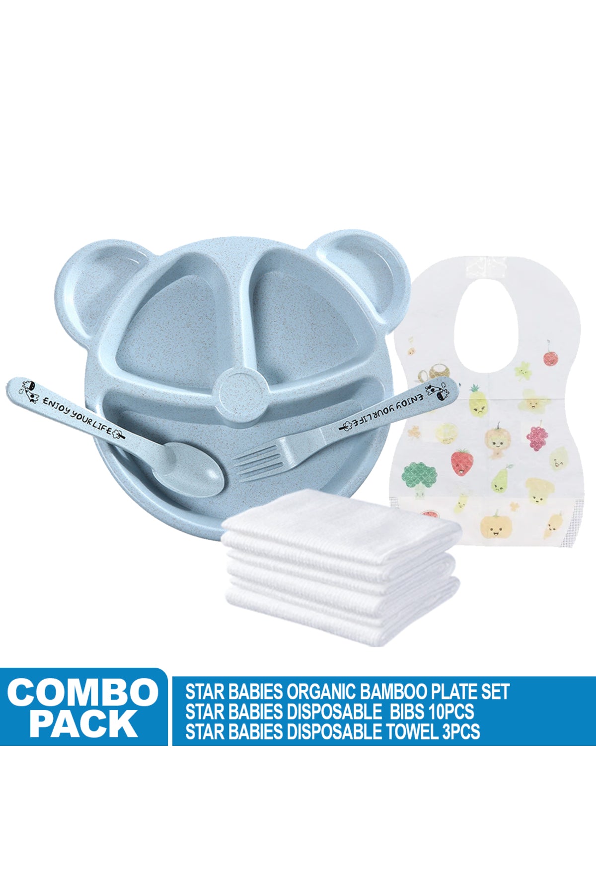 Star Babies Baby Plate & Disposable Towel 3pcs & Bibs 10pcs - Blue