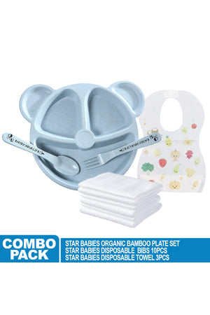 Star Babies Baby Plate & Disposable Towel 3pcs & Bibs 10pcs - Blue