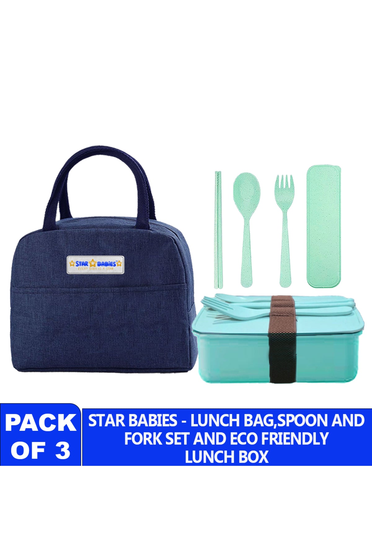 Star babies pack of 3 combo -  Insulated lunch bag with single compartment lunch box and organic cuttlery set.