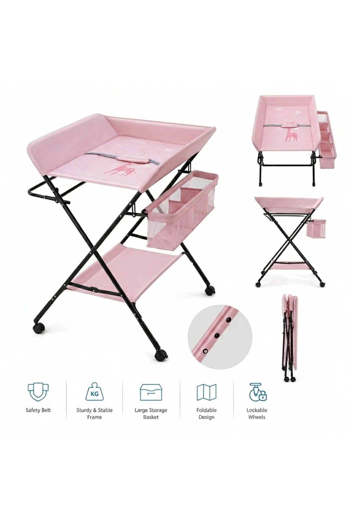 Portable Baby Changing Table with Storage Organizer & Wheels – Pink