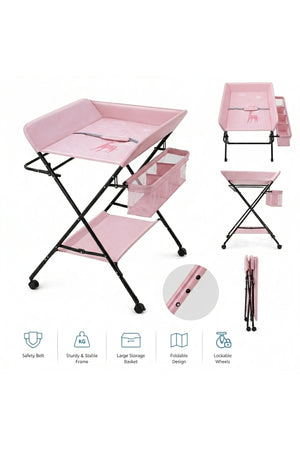 Portable Baby Changing Table with Storage Organizer & Wheels – Pink
