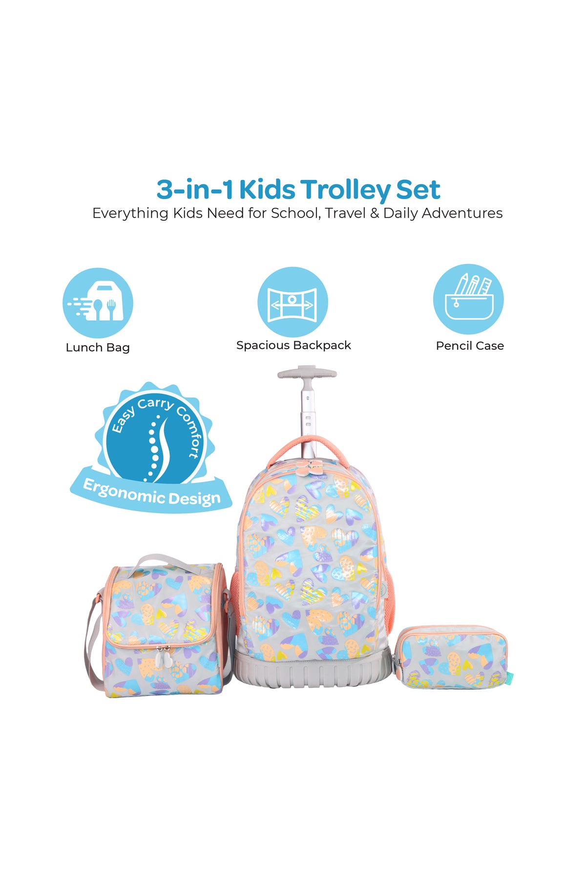 MOON  3 in 1 Kids Trolley Set   - (18-Inch) Premium Kids School Bag with Lunch Bag & Pencil Case-Pink