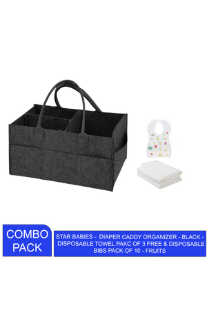 Star Babies - Caddy Diaper Organizer & Disposable Towel 3pcs & Bibs 10pcs - Black