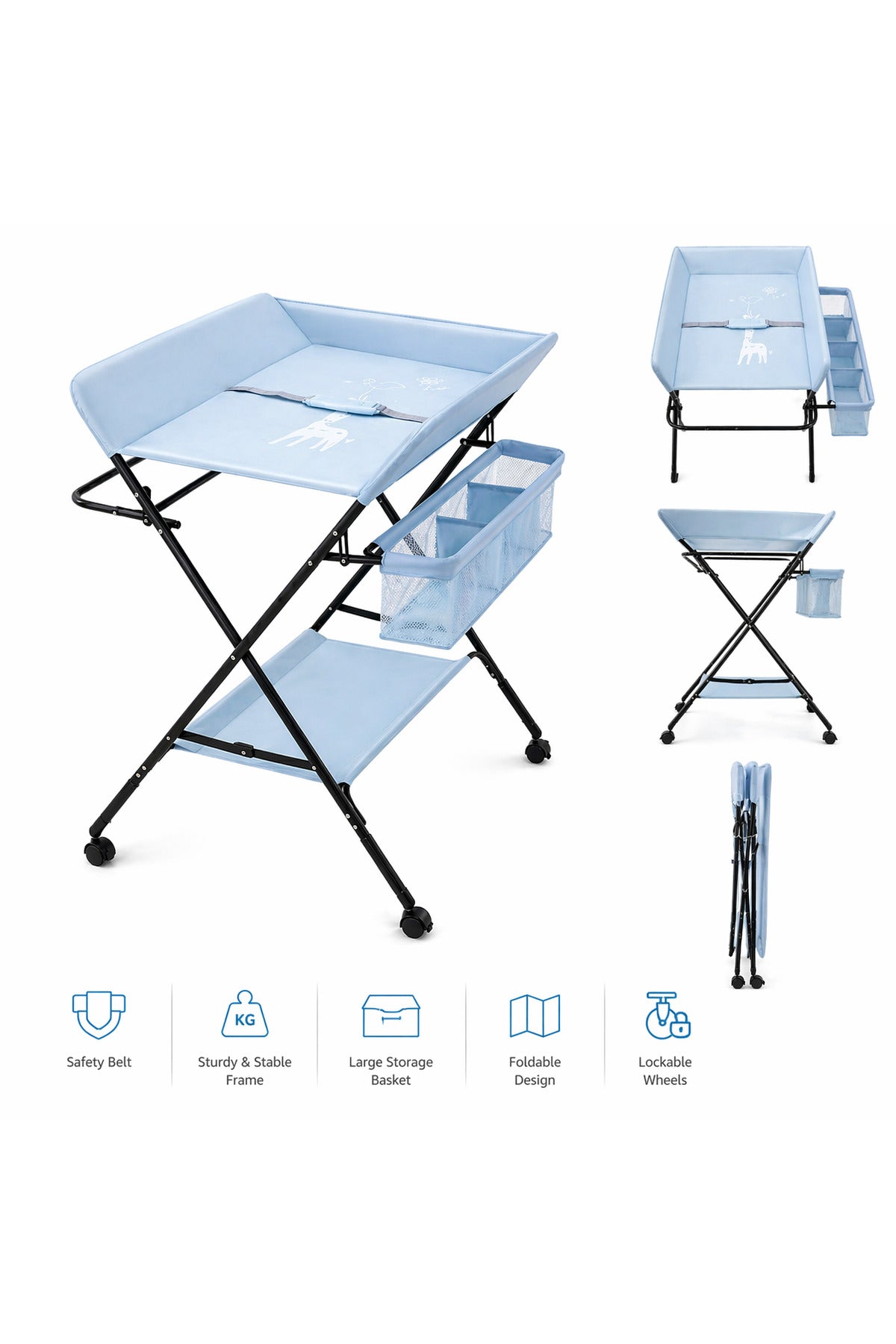 Portable Baby Changing Table with Storage Organizer & Wheels – Light Blue