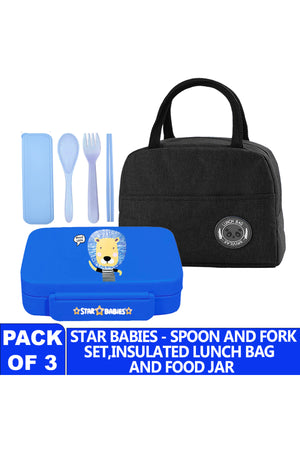 Star Babies Insulated Mini Lunch Bag with 5 Compartment Lunch Box and Fork-Spoon Set- Black