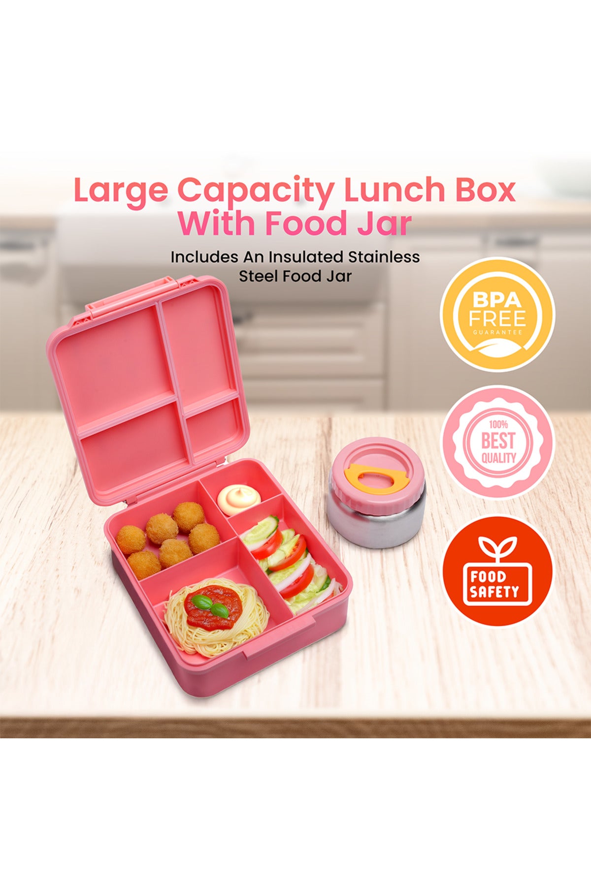 Bamboo Bark childrens kids large school lunch box, bento, snack box with compartments for kids, food jar included