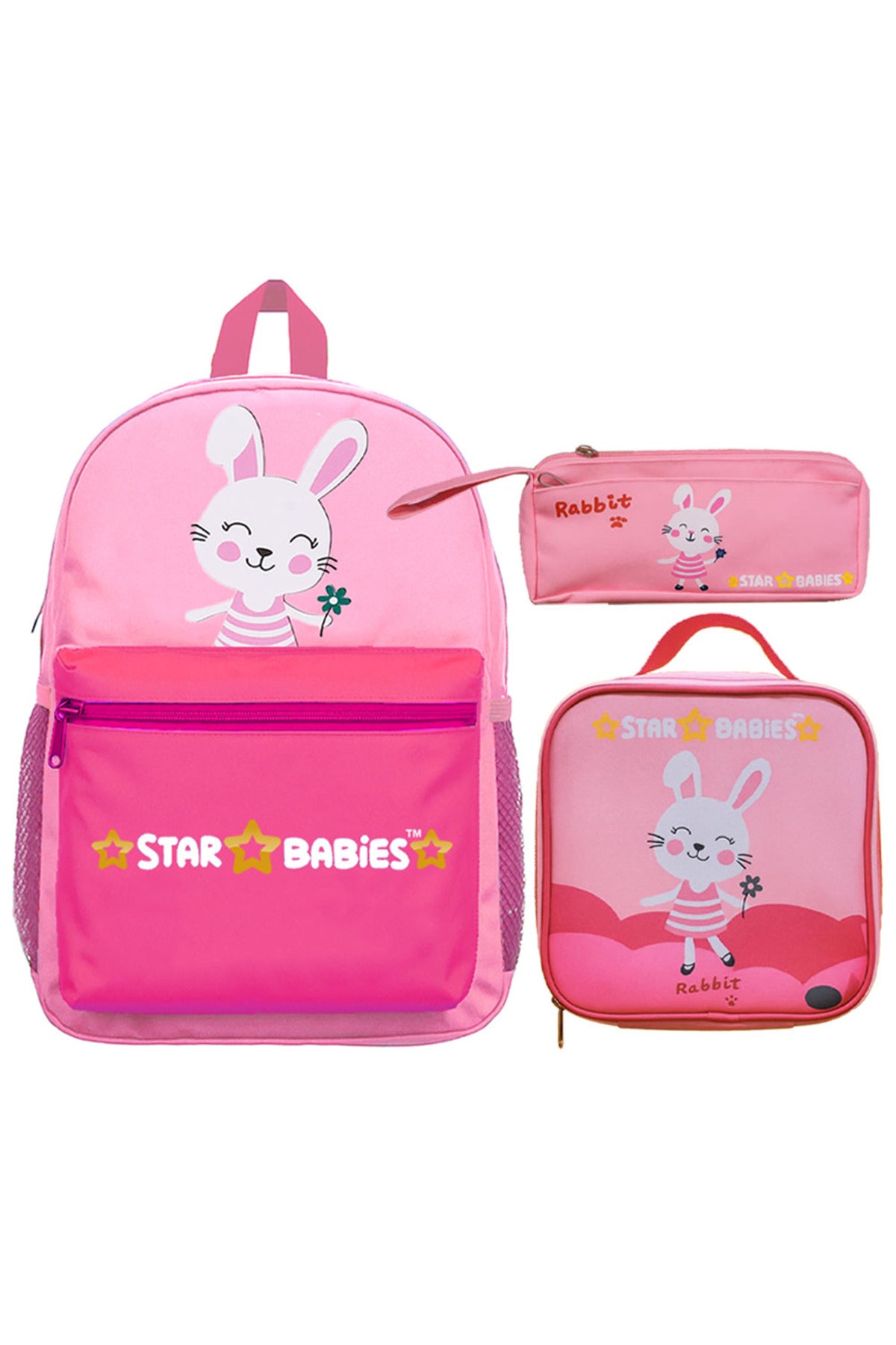 Star Babies 16-Inch Rabbit Themed Children's Backpack with Adjustable Shoulder Strap for Hiking Large with Bento Lunch Bag and Dual Zipper Pencil Case Pack of 3