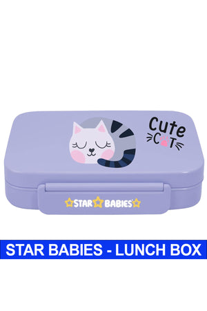 Star Babies Cute Cat Theme Bento Lunch Box with 4 Compartments, BPA Free, Leak-Proof, Toddler-Friendly, 3 Years+ size 22*16.5*4.85cm, Microwave Safe, Easy to clean, Keep Fresh - Purple