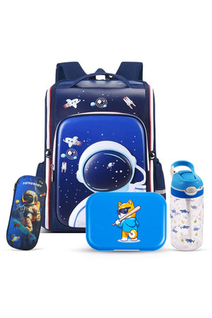 Cocobee-Stylish Astronaut Print Backpack, Adjustable Strap, Secure Zip, 14.9 Inches – Blue +  Pencil Case +   Ocean Tritan Water Bottle 480ml – BPA-Free + Bento Lunch Box 765ml