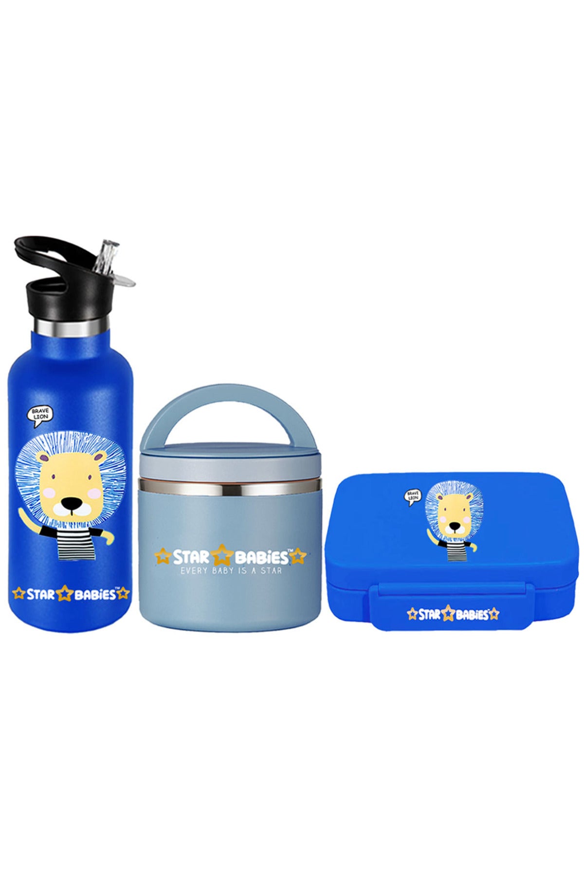 Star Babies Anti spill Brave lion Stainless Steel 500ml Water Bottles, with 5 Compartment Bento Lunch box and 500ml Stainless steel Food Jar