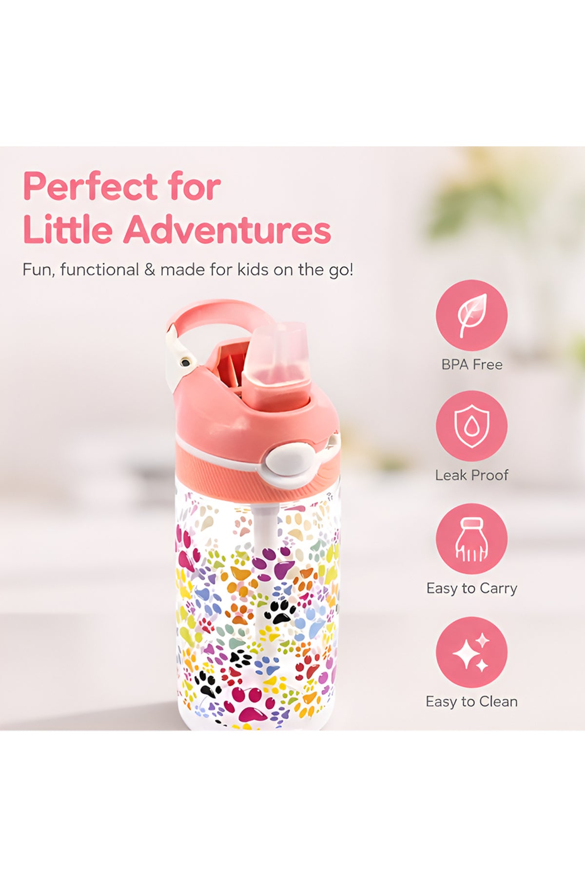 Cocobee Tritan Leakproof Water Bottle, 480Ml – Bpa Free, Push-Button Lid, Age 3+ (Pink)