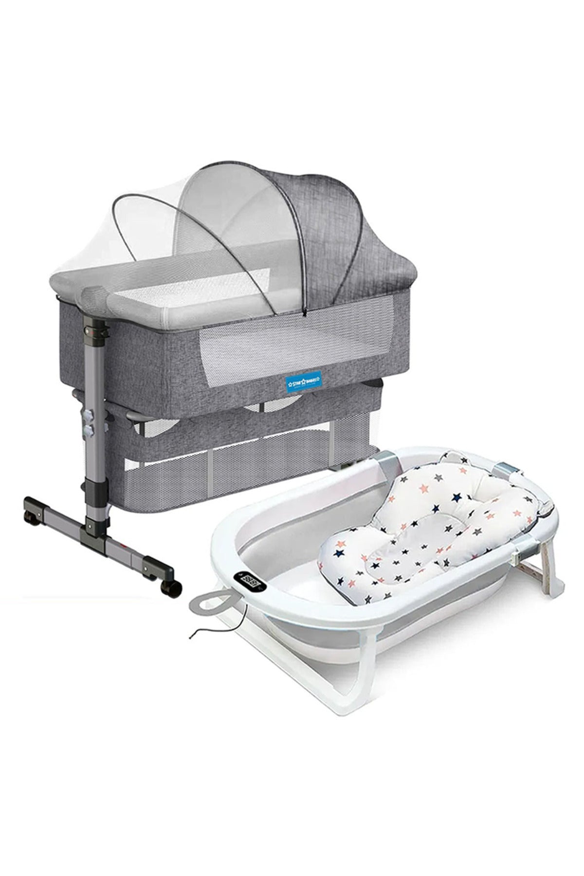 Star Babies Bedside Crib & Foldable Bathtub &Thermometer_Grey
