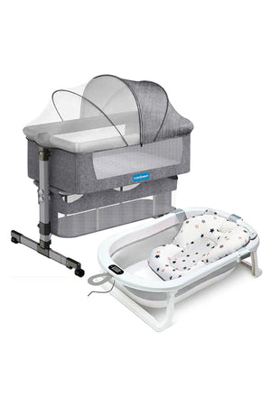 Star Babies Bedside Crib & Foldable Bathtub &Thermometer_Grey