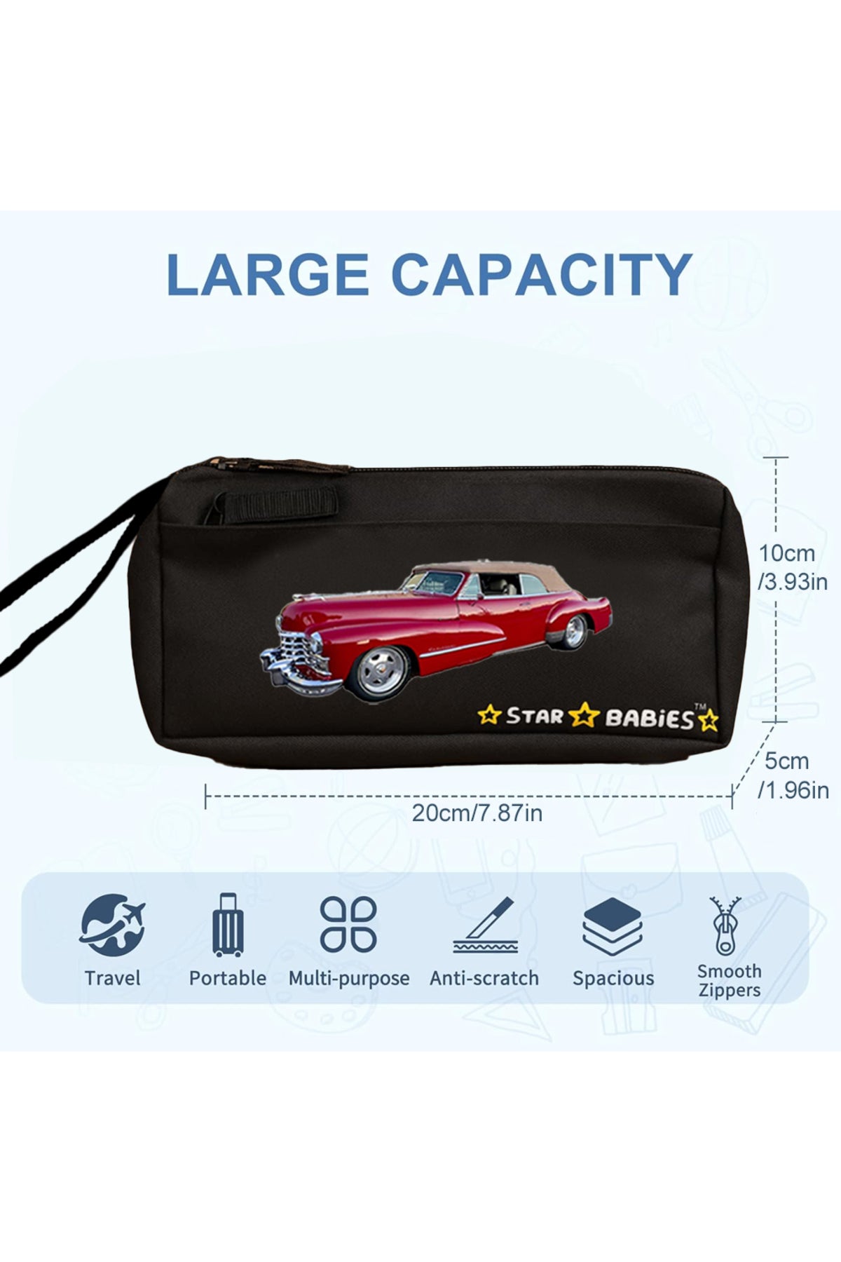 Star Babies Retro Car themed Pencil Case, 3 to 6 Years, Water resistant - Black