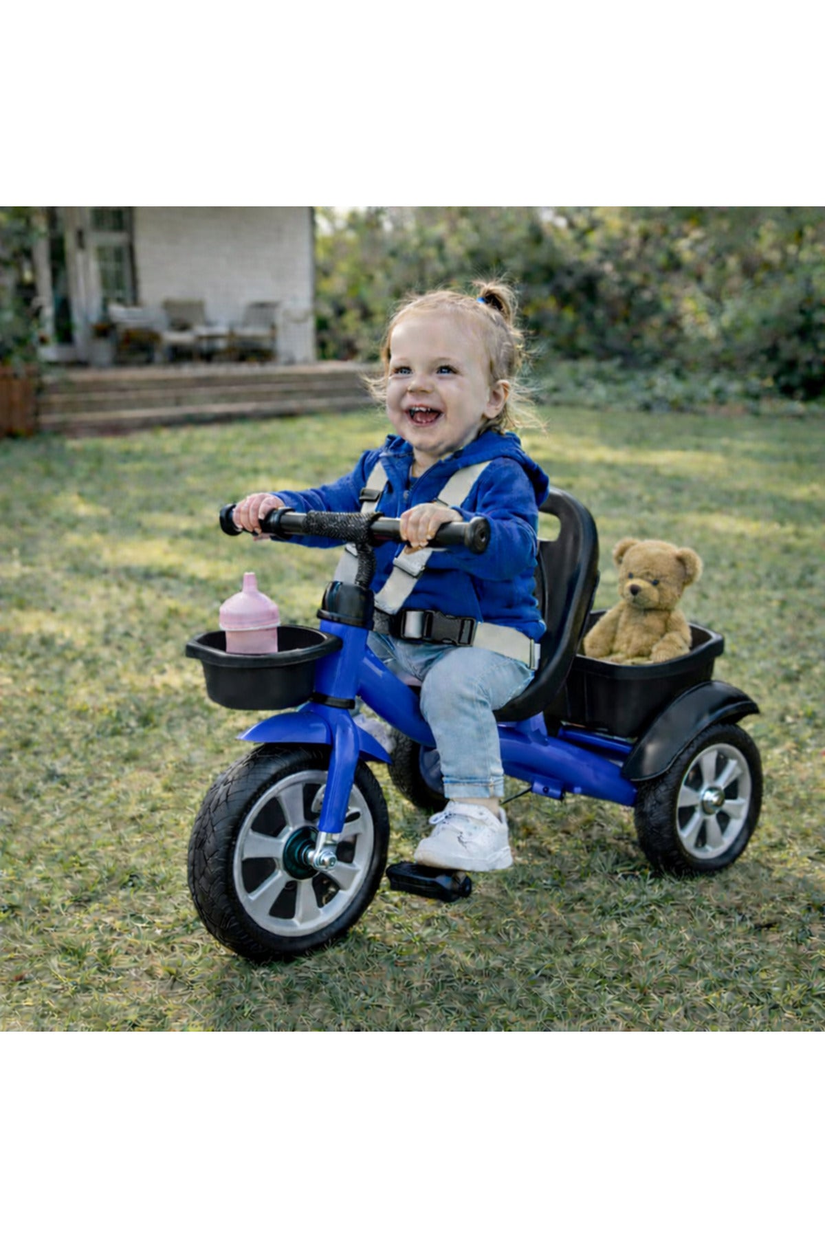 StarMarz Toddler 3-Wheel Tricycle Ride-On Toy with Safety Seat, Cup Holder & Rear Storage Basket - Blue