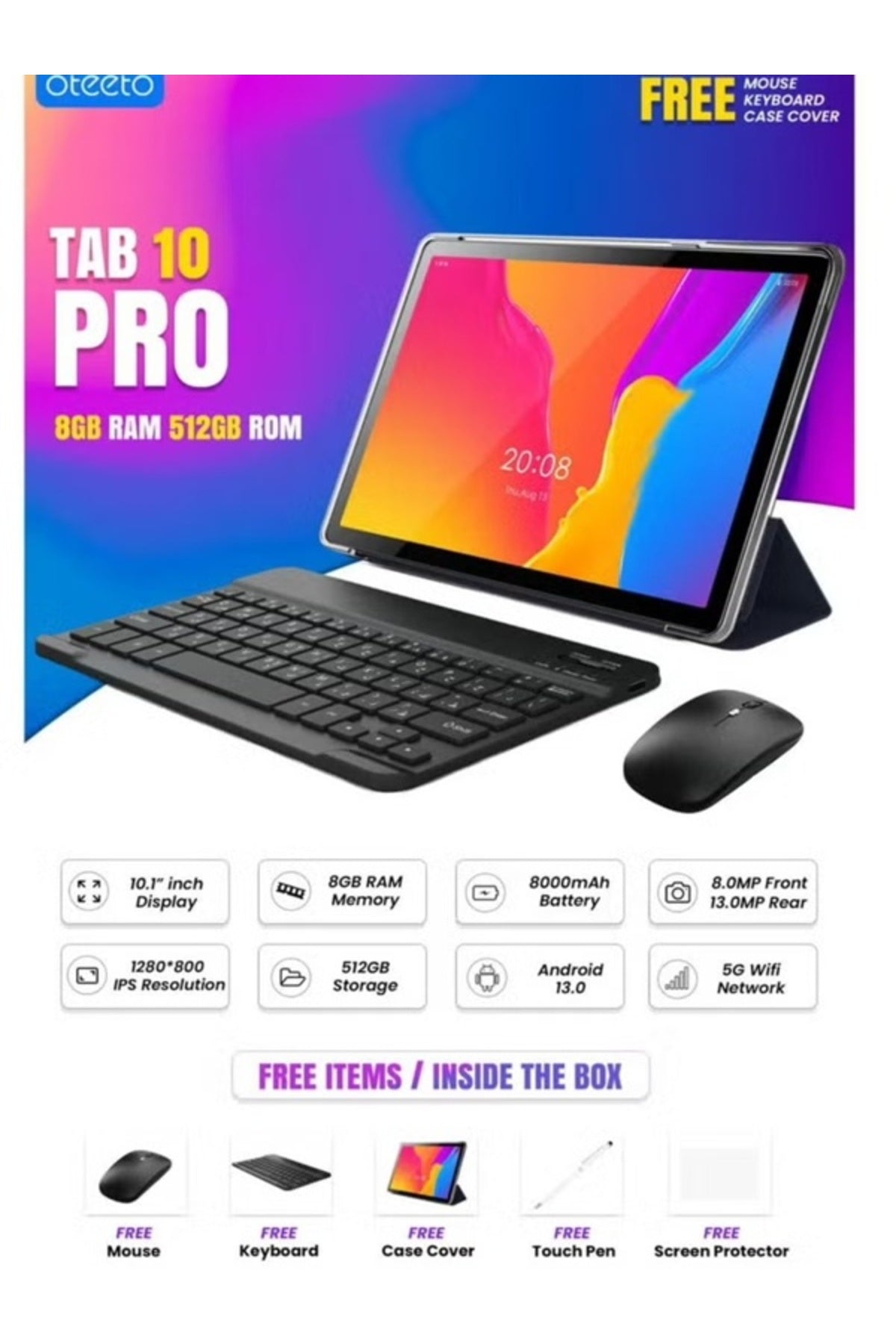 Oteeto TAB 10 Pro plus Tablet 5G + Wifi with case keyboard and mouse – 8GB / 512GB – Gray
