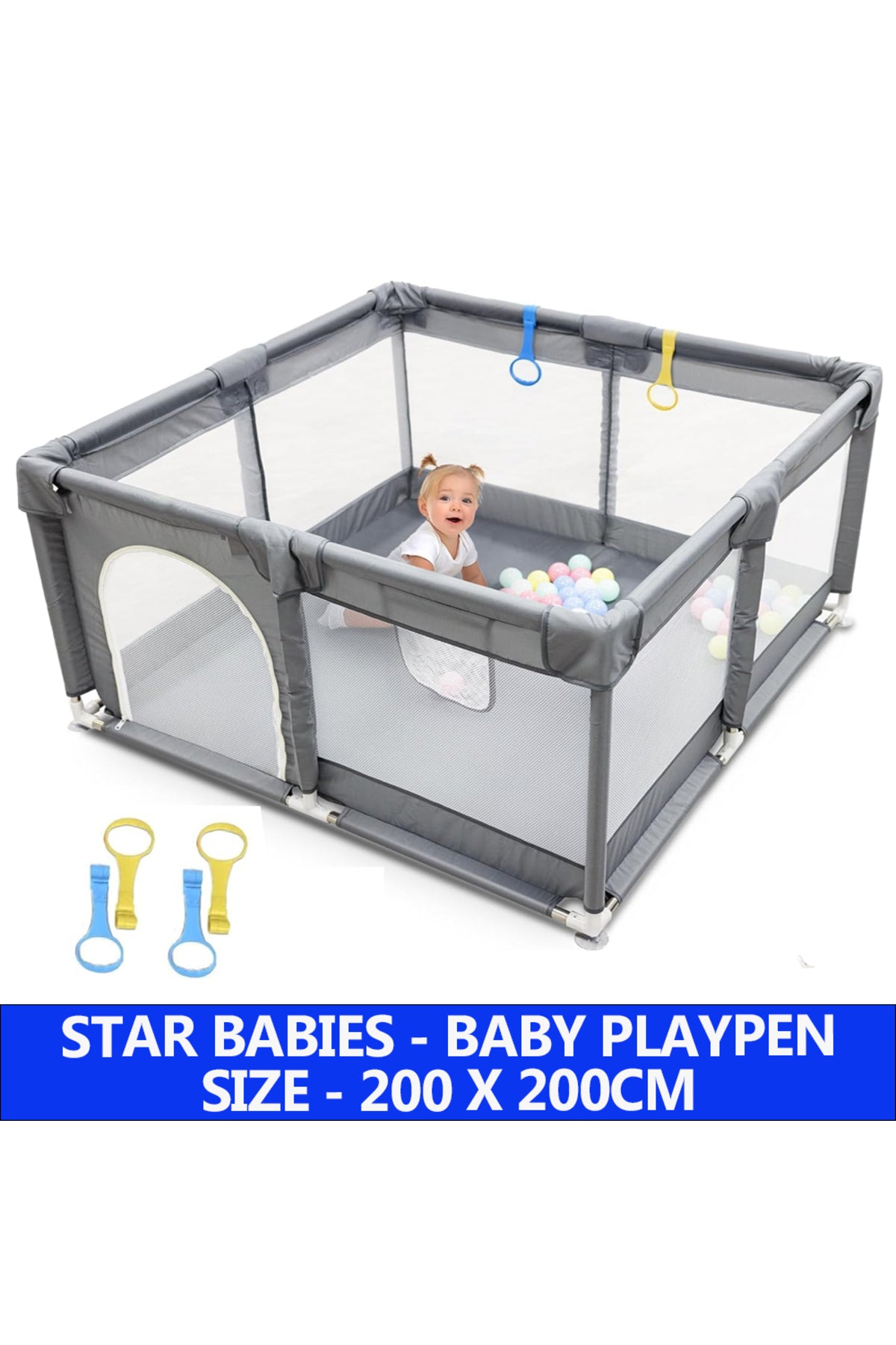 Star Babies - Baby Playpen With 4 Pull-Up Rings - Dark Grey - 200 x 200 cm