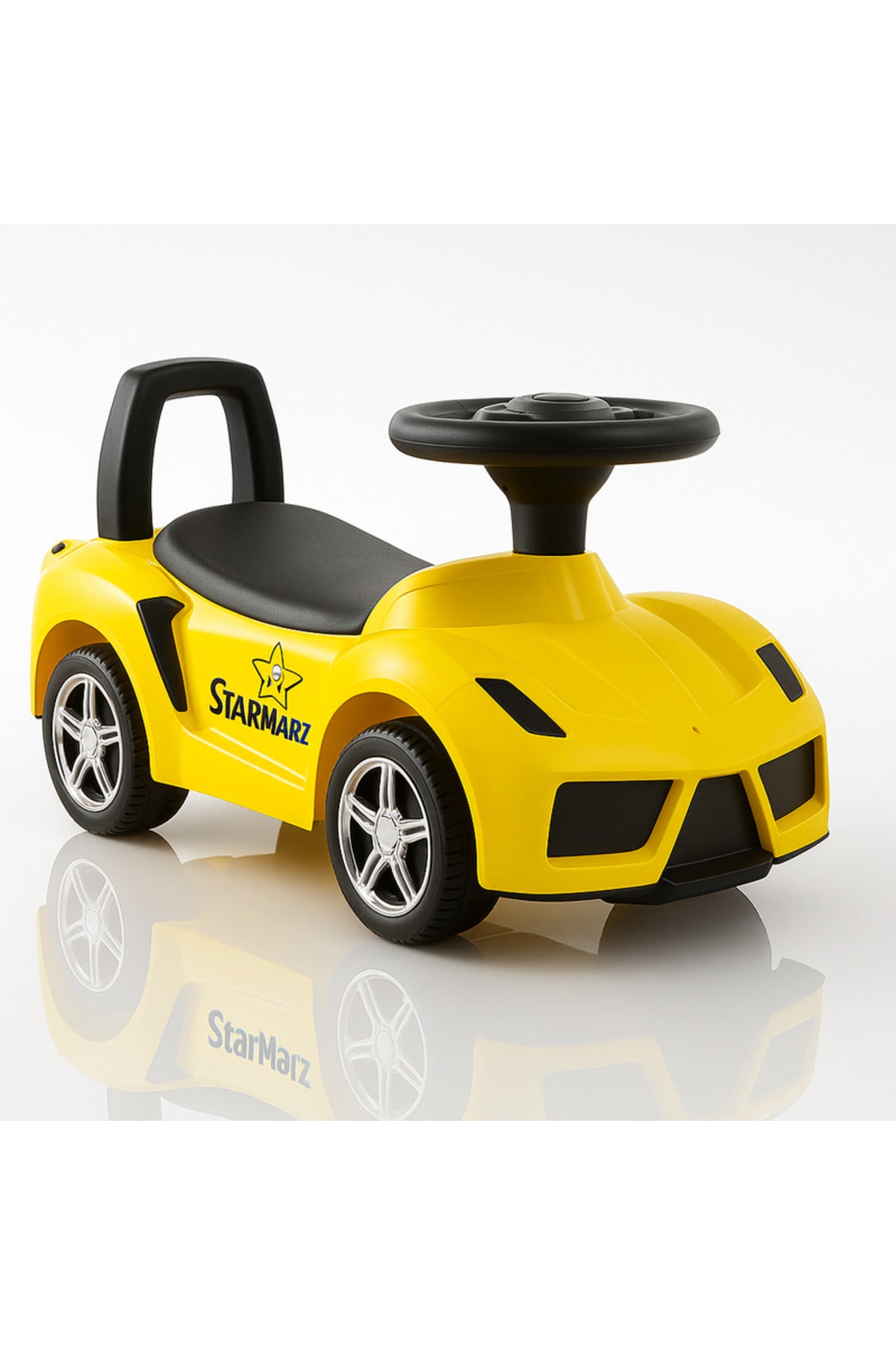 StarMarz Yellow Sports Ride-On Car – Foot-to-Floor Baby Push Car with Steering Wheel, Backrest & Smooth Wheels – Indoor/Outdoor Toddler Ride-On Toy (1–4 Years) – Yellow Edition