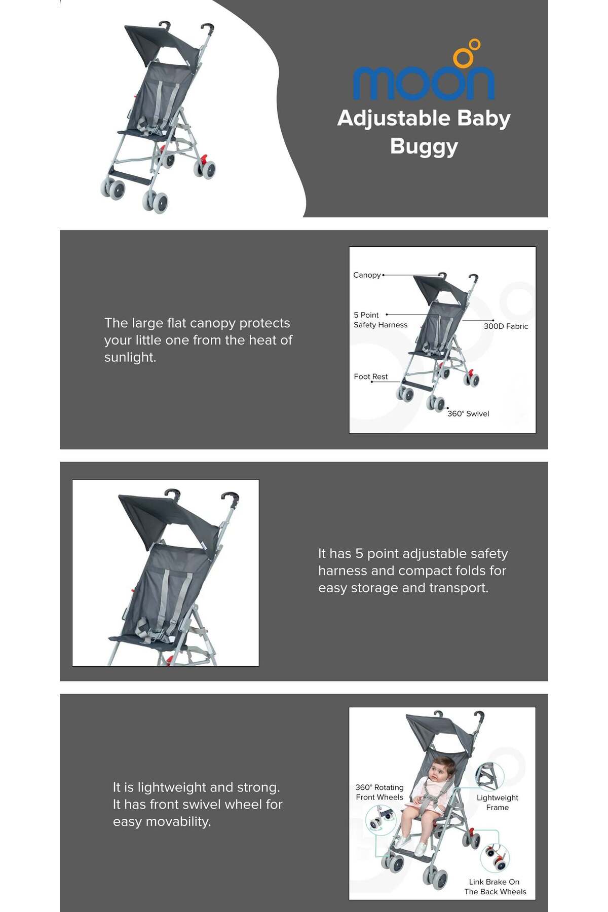 MOON - Jet Ultra Light Weight Fold Buggy Stroller Buggy  - Dark Grey