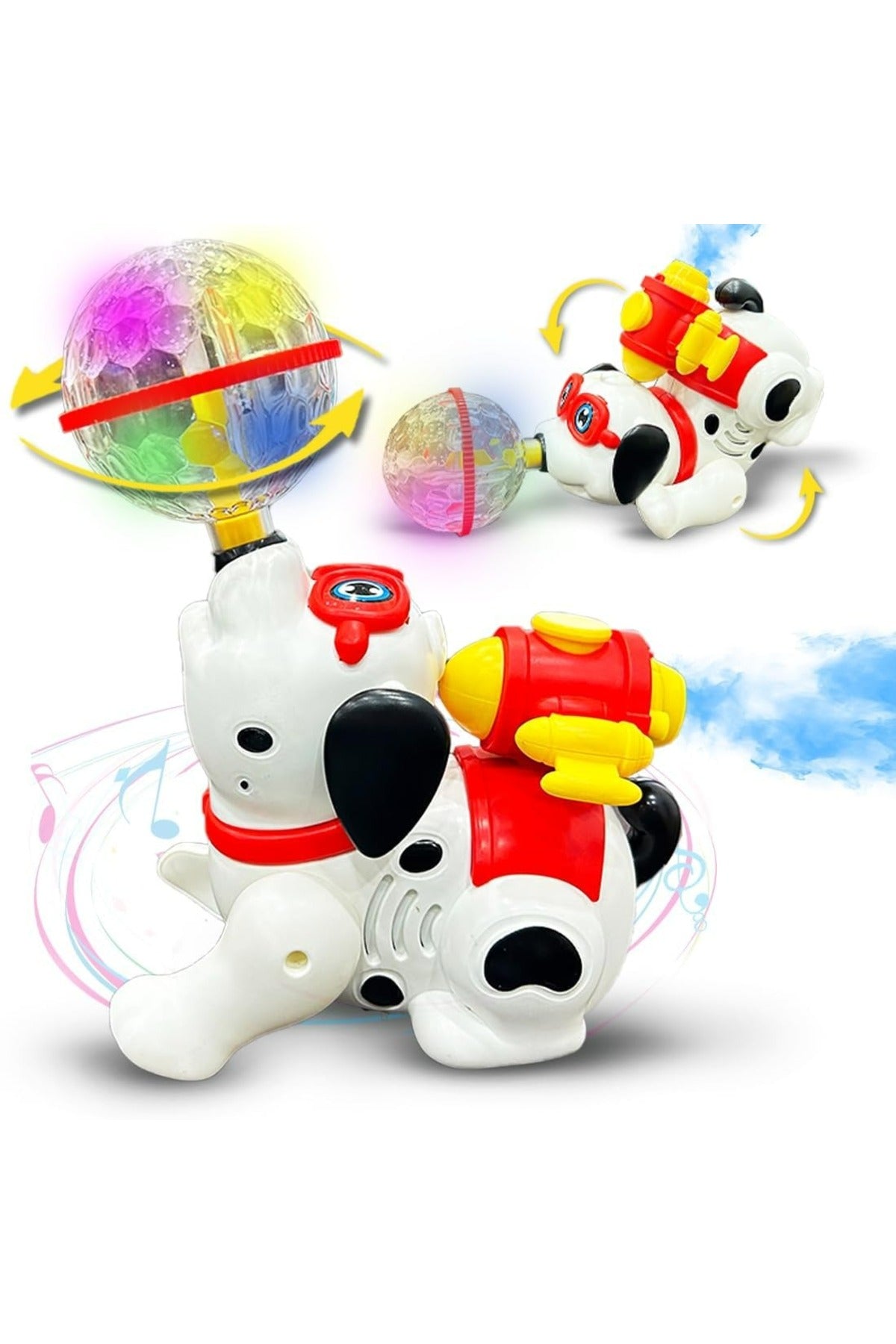 Urban Tots Dancing Dog Toy – 360° Rotating Lights & Sound With Bump & Go Action And Water Mist Spray-White