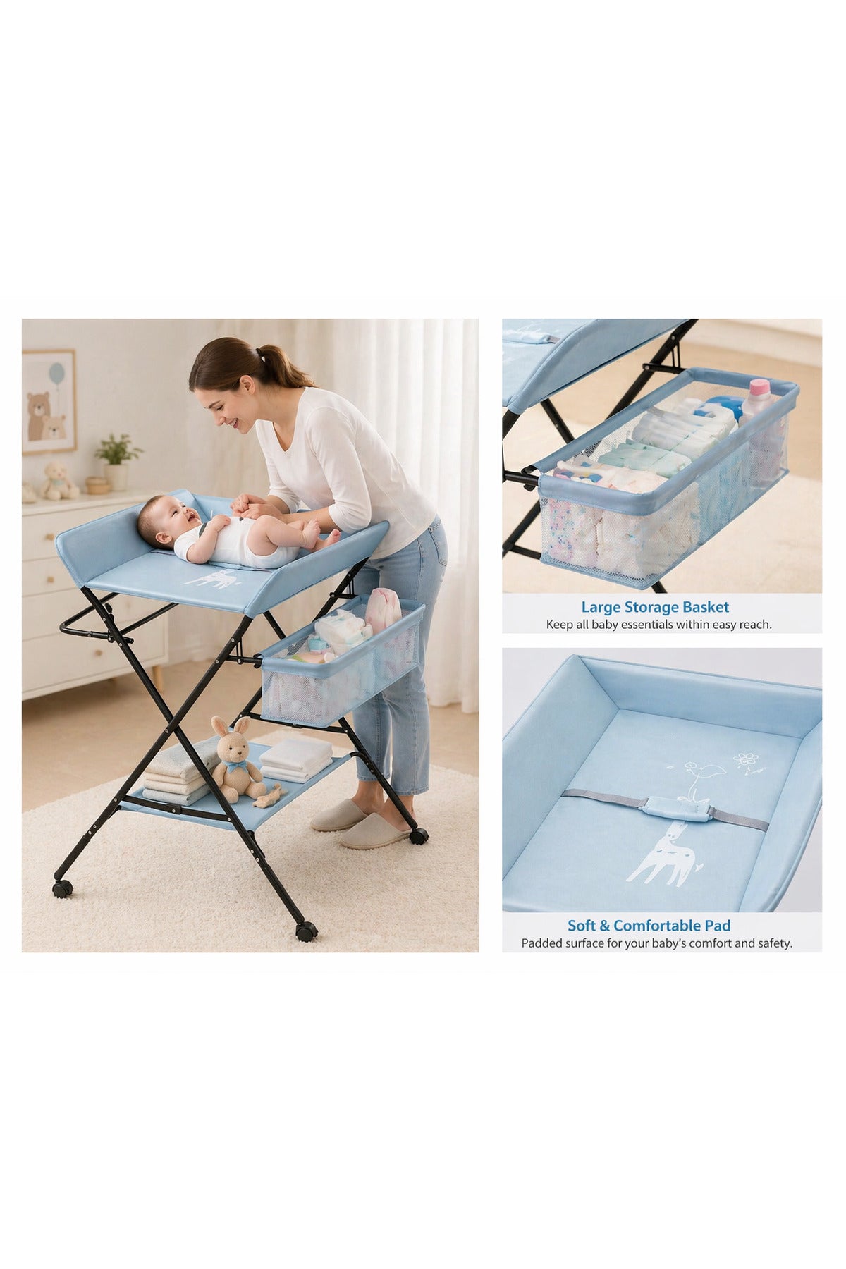 Portable Baby Changing Table with Storage Organizer & Wheels – Light Blue