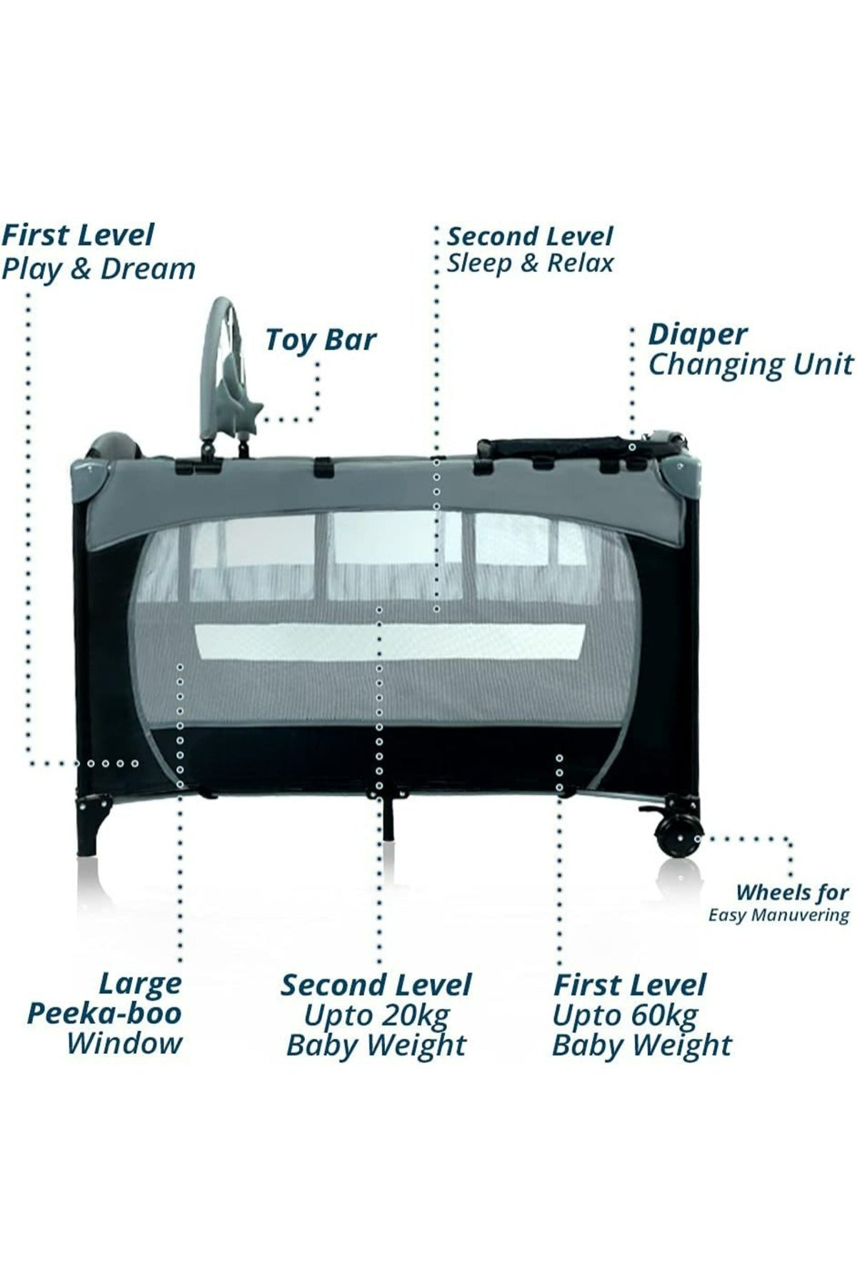 Kikibebe Expandable Convertible Bedside Crib With Playpen & Rocking Glider - Black
