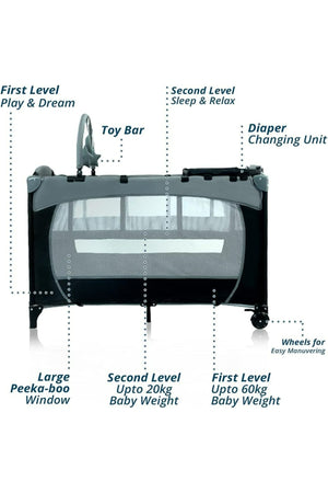Kikibebe Expandable Convertible Bedside Crib With Playpen & Rocking Glider - Black