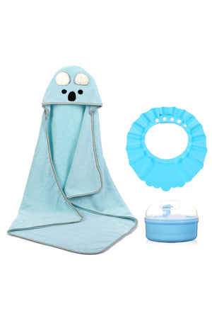 Star Babies - Microfiber Hooded Towel, Kids Shower Cap With Powder Puff - Blue
