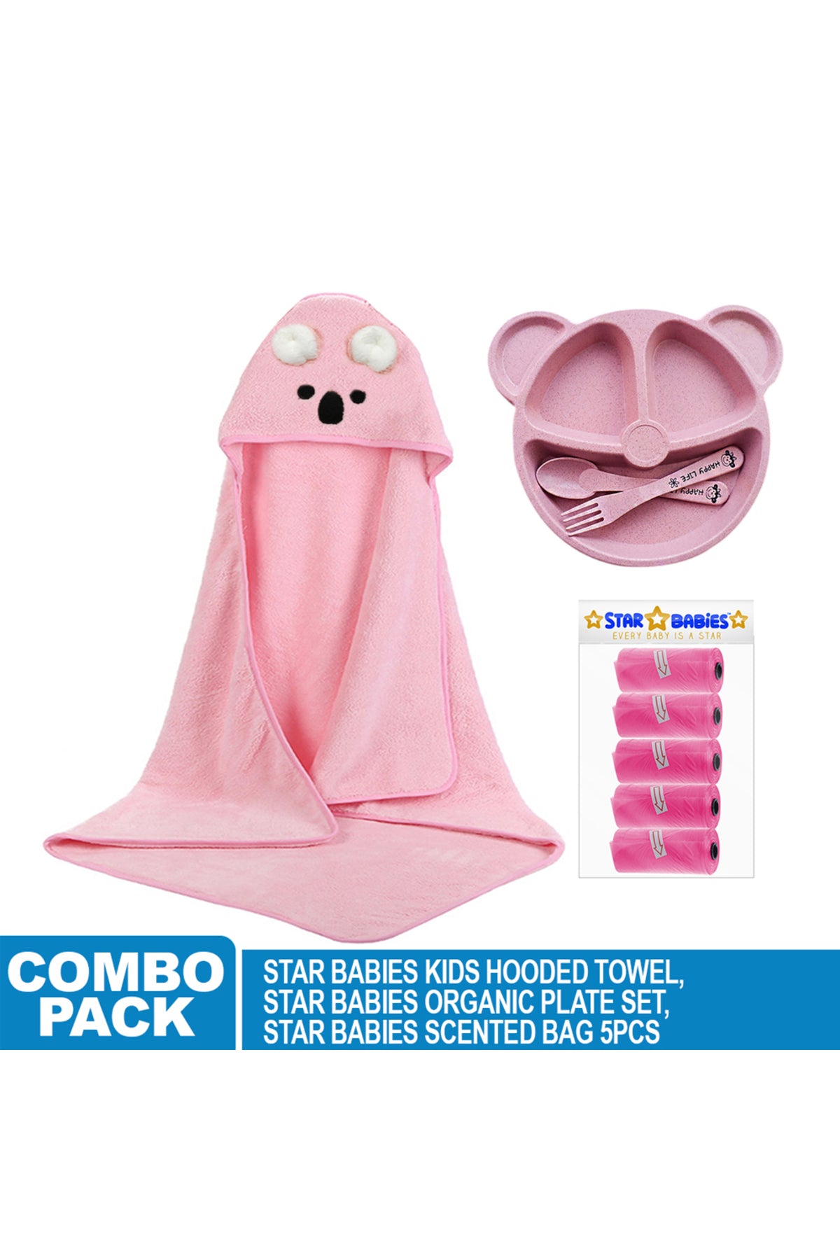 Star Babies - Microfiber Hooded Towel, Scented Bag 5pcs and Baby Plate - Pink
