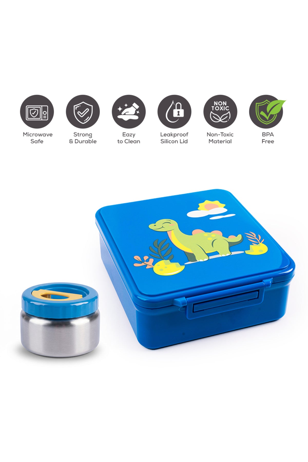 Cocobee Dino Tritan Bento Lunch Box With Food Jar, 4 Compartments, Leakproof & Microwave Safe, 1.87L , Bpa Free – Ages 3+(Blue)