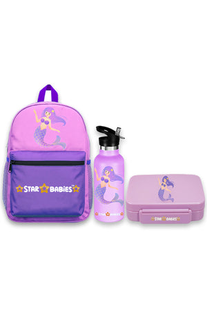 Star Babies 16-Inch Little Mermaid Themed Children's Backpack with Adjustable Shoulder Strap for Hiking Large with 500 ml Stainless Steel Water Bottle and Bento Lunch Box with 4 Compartments, Leak-Proof, Toddler-Friendly, 3 Years+, Pack of 3