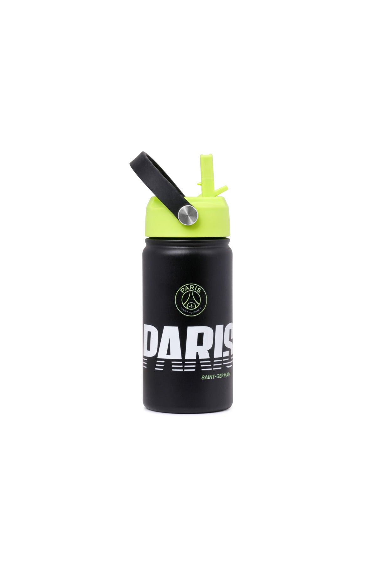 Paris Saint Germain Stainless Steel Insulated Water Bottle 400ml with Straw Lid, PSG Football Leakproof School Bottle for Boys, Teens & Kids, Reusable Metal Sports Bottle for Gym, Travel & Outdoor Use (Green & Black)