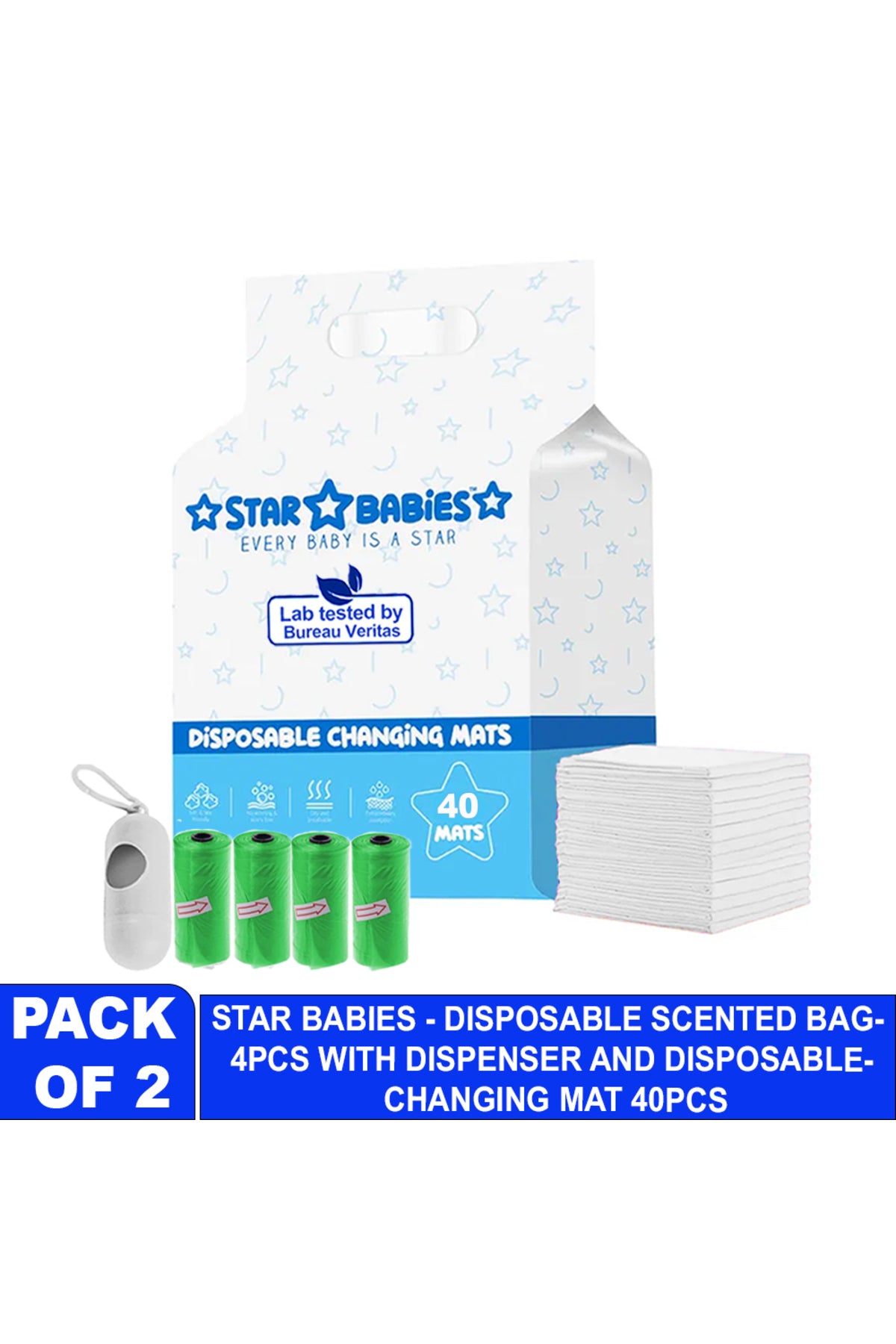 Star Babies - Disposable Changing Mat 40 Pcs With Disposable Scented Nappy Bag 60 Pcs - White/Green