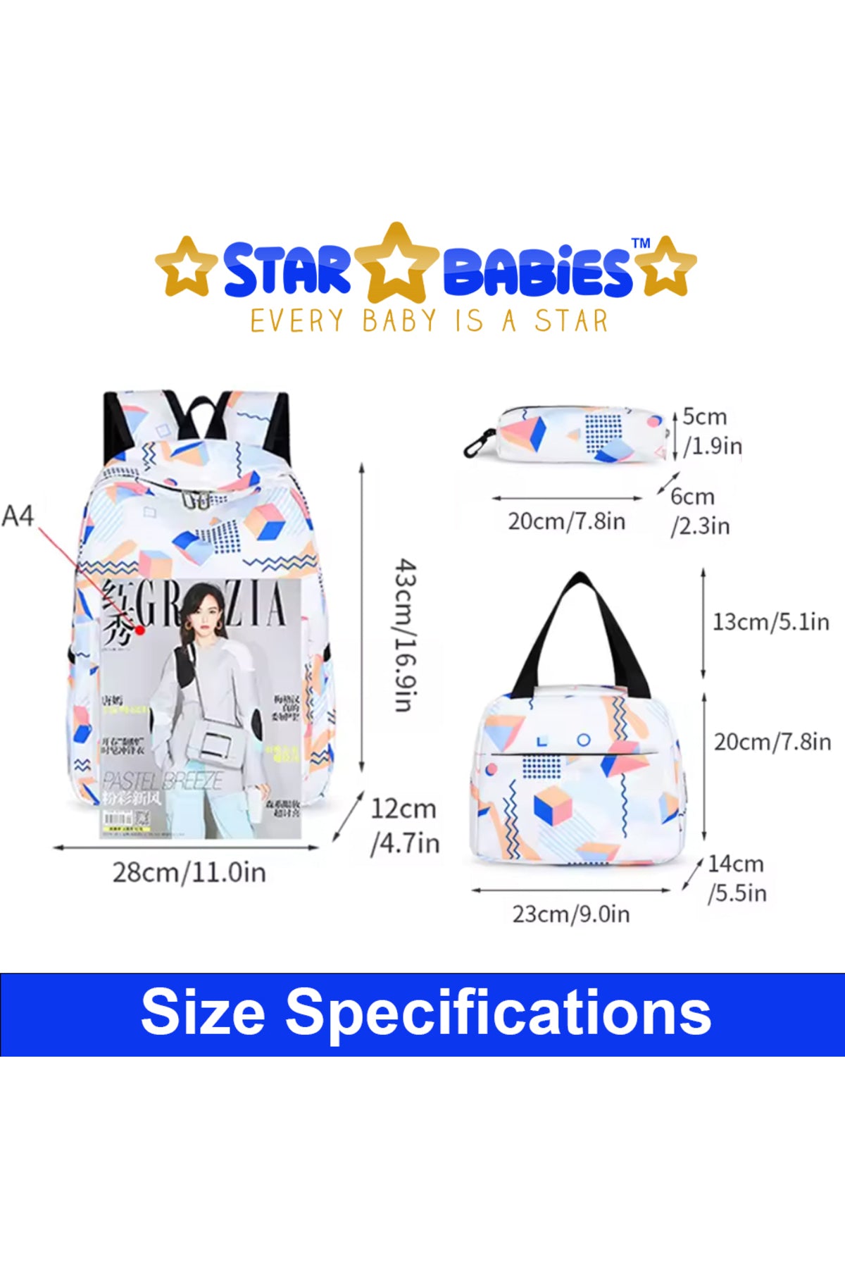 Star Babies - Preppy Style Rainbow Color School Backpack With Lunch Box Bag & Pencil Case - 3pcs Set - White