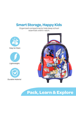 MOON Licensed  SONIC  the Hedgehog  3 in 1 Kids Trolley Set   - (16-Inch) Premium Kids School Bag with Lunch Bag & Pencil Case-Red&Blue