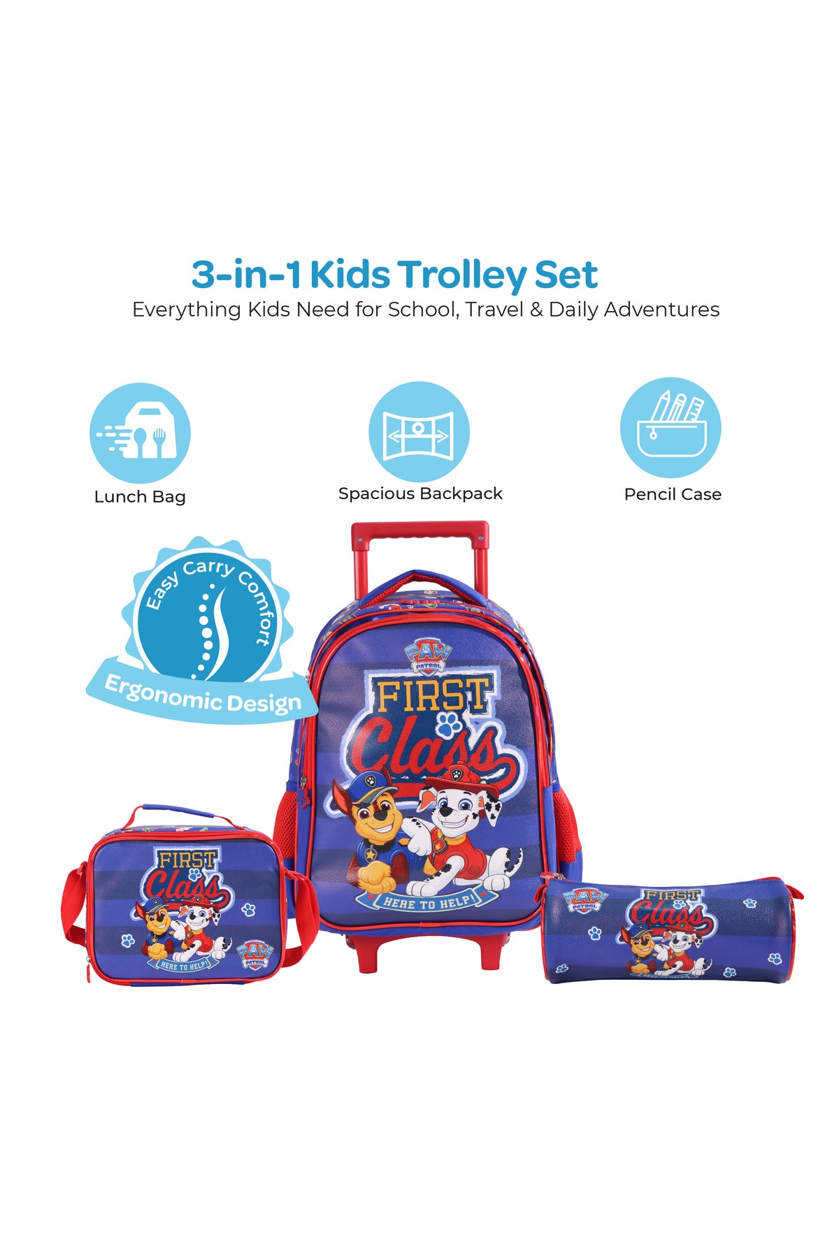 MOON Licensed Paw Patrol First Class  3 in 1 Kids Trolley Set   - (16-Inch) Premium Kids School Bag with Lunch Bag & Pencil Case-Red&Blue