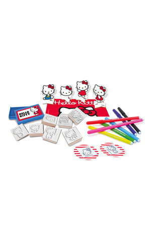 Multiprint Hello Kitty Little House Set – 7 Wooden Stamps, Blue Washable Ink Pad, 7 Colored Markers, Drawing Book, Badges & Cardboard Characters – 100% Made in Italy